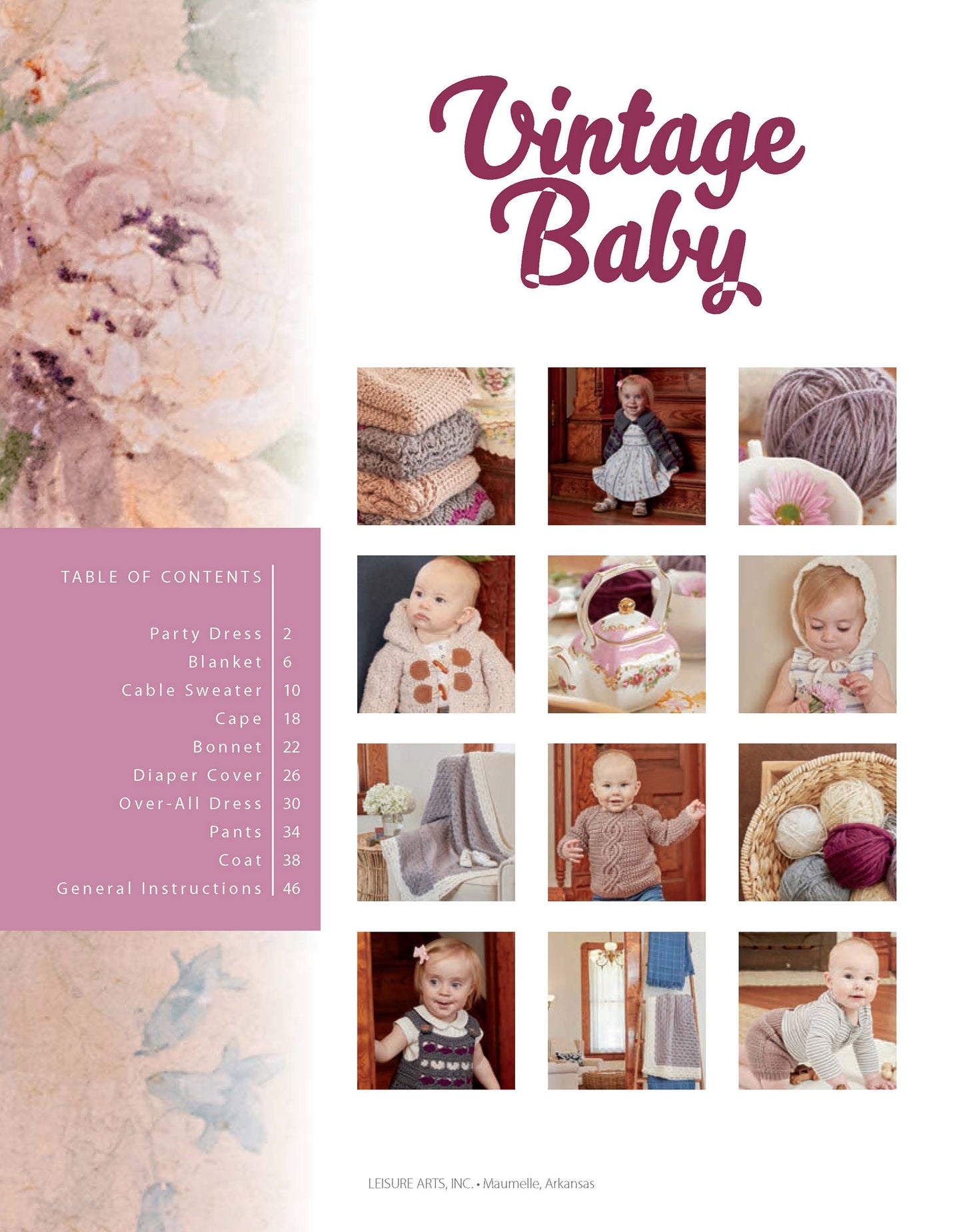 The "Vintage Baby Crochet" magazine by Leisure Arts features photos of babies in crochet outfits, plus patterns for sweaters, bonnets, and capes using medium weight yarn, with a table of contents listing each pattern and its page number.