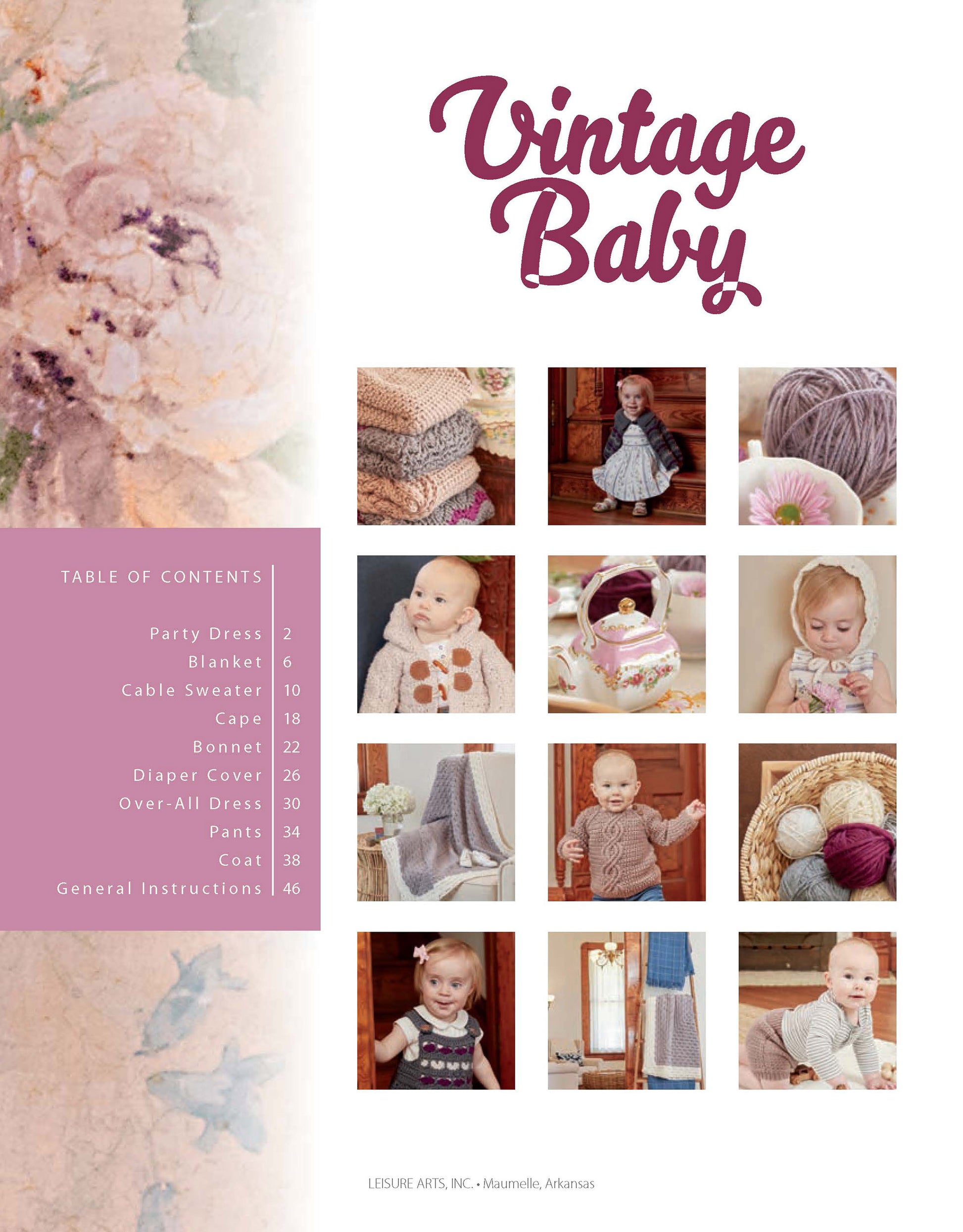 The "Vintage Baby Crochet" magazine by Leisure Arts features photos of babies in crochet outfits, plus patterns for sweaters, bonnets, and capes using medium weight yarn, with a table of contents listing each pattern and its page number.