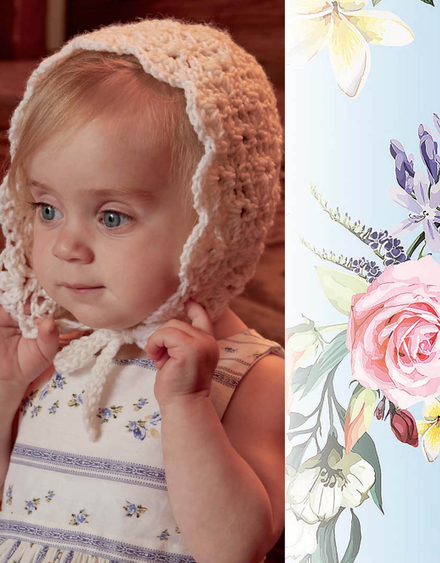 A toddler with blonde hair and blue eyes wears a white bonnet crocheted from medium weight yarn, featured in Leisure Arts’ Vintage Baby Crochet. Beside her is pastel floral art with roses and lavender on a light background.