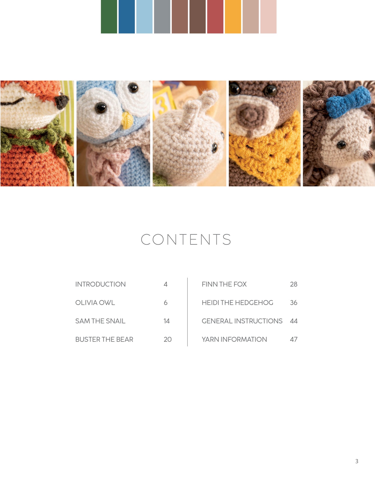 Collage of five crocheted amigurumi woodland animals—a fox, owl, rabbit, bear, and hedgehog—from Mini Huggables Crochet by Leisure Arts above a table of contents listing beginner patterns, general instructions, and yarn info.