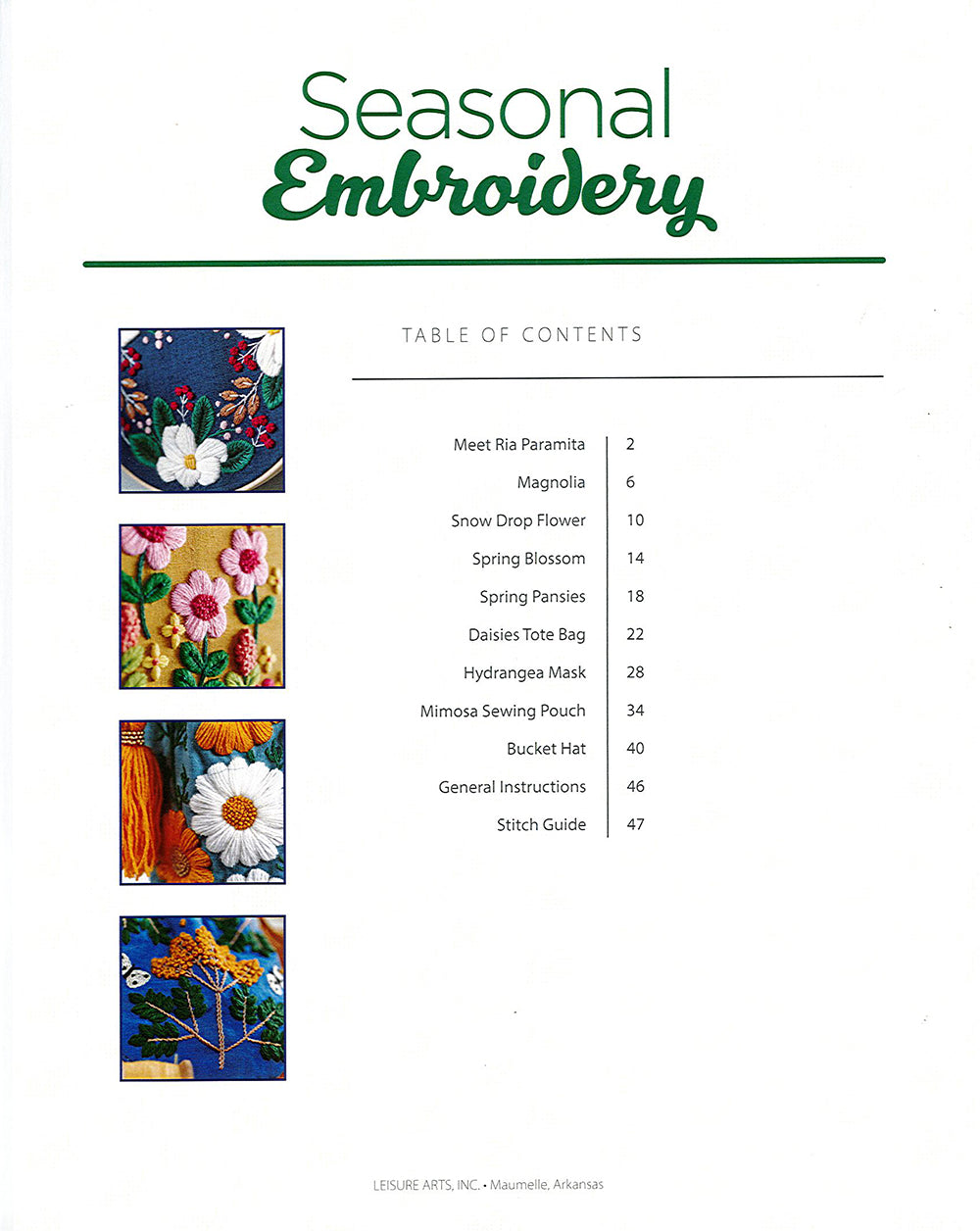 The Table of Contents page in Leisure Arts’ “Seasonal Embroidery—8 Projects to Complement What You Adore About Every Season” displays four seasonal craft photos with project names and pages—a stylish home décor guide for beginner to intermediate crafters.