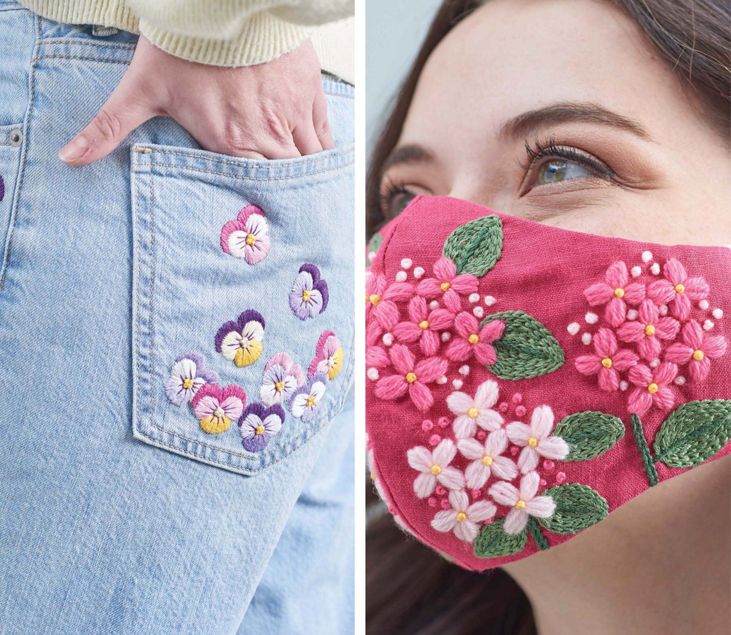 Split image: On the left, light blue jeans feature embroidered flowers—a great beginner to intermediate project. On the right, a woman wears a pink face mask adorned with floral embroidery. Both are from "Seasonal Embroidery" by Leisure Arts.