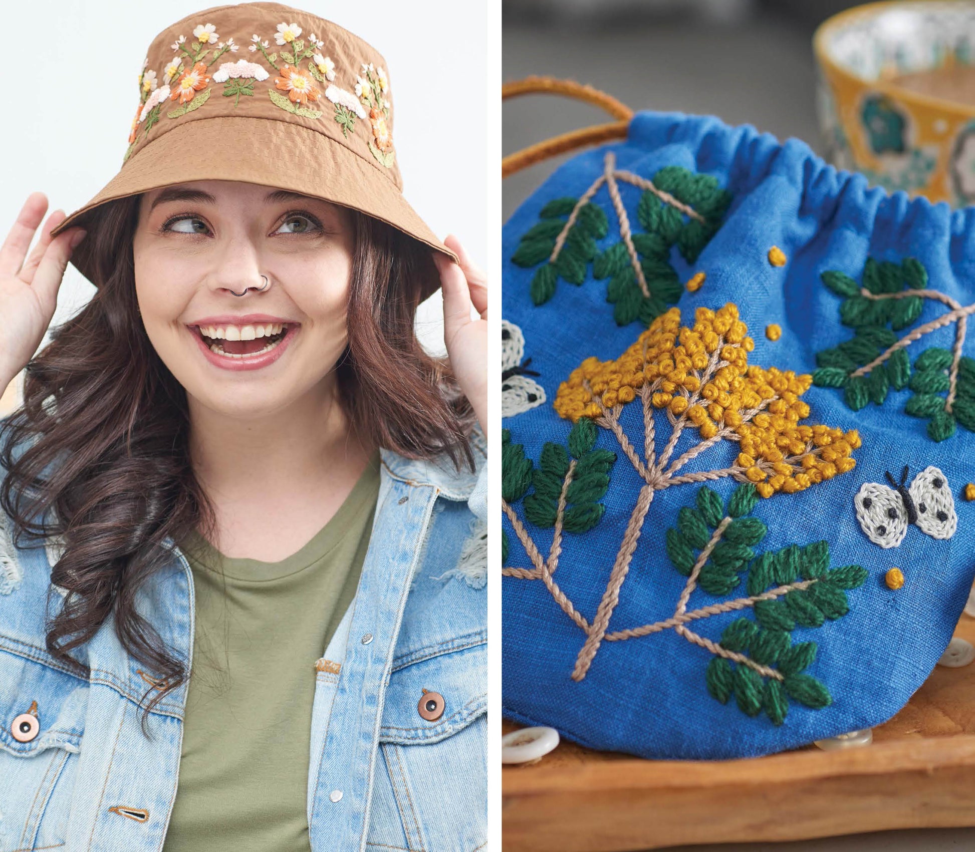 A smiling woman wears a tan bucket hat with yellow flower embroidery, beside a blue drawstring bag with green leaves—both featured in Leisure Arts' "Seasonal Embroidery—8 Projects to Complement What You Adore About Every Season.