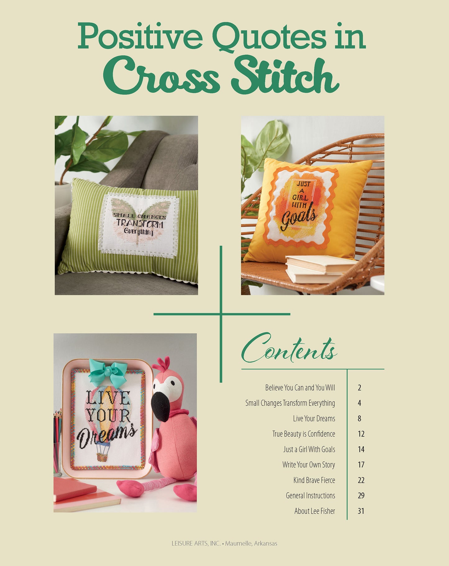A light beige page features Leisure Arts' Positive Quotes in Cross Stitch Digital Download, displaying three inspiring stitched pillow designs and a contents list of 7 beginner-friendly patterns.
