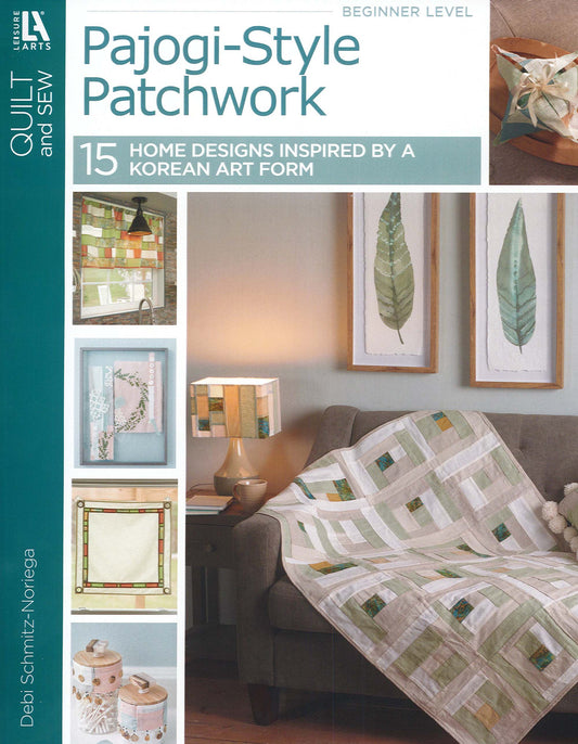 The book cover for "Pajogi-Style Patchworks" by Leisure Arts features photos of Korean-inspired quilts, soft-colored home sewing projects, a vase with a green plant, and the subtitle "15 Home Designs Inspired by a Korean Art Form.