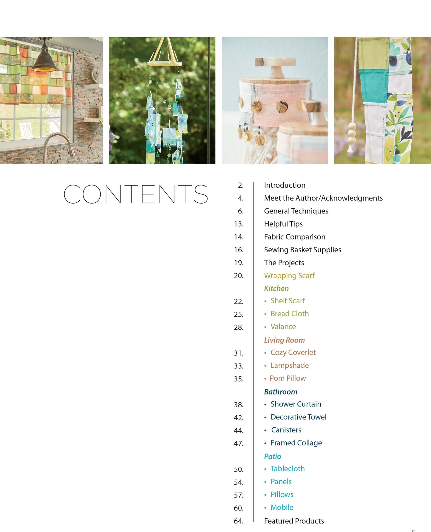 The table of contents for Pajogi-Style Patchworks by Leisure Arts features three vertical photos of Korean patchwork crafts above a numbered list with kitchen, living room, bathroom, and patio home sewing projects, plus more.