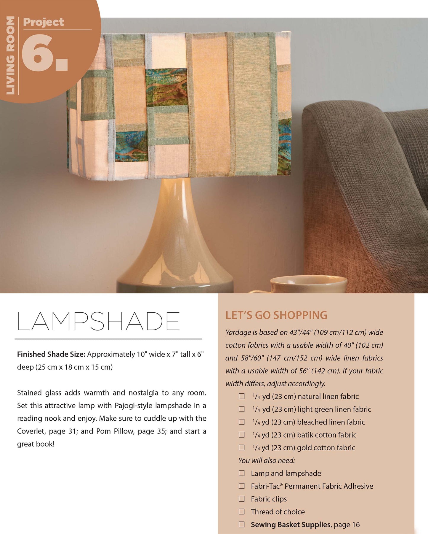 The Pajogi-Style Patchworks table lamp by Leisure Arts features a vibrant rectangular shade with Korean patchwork; next to it, a brown box provides shopping supplies and fabric yardage for your DIY lampshade project.