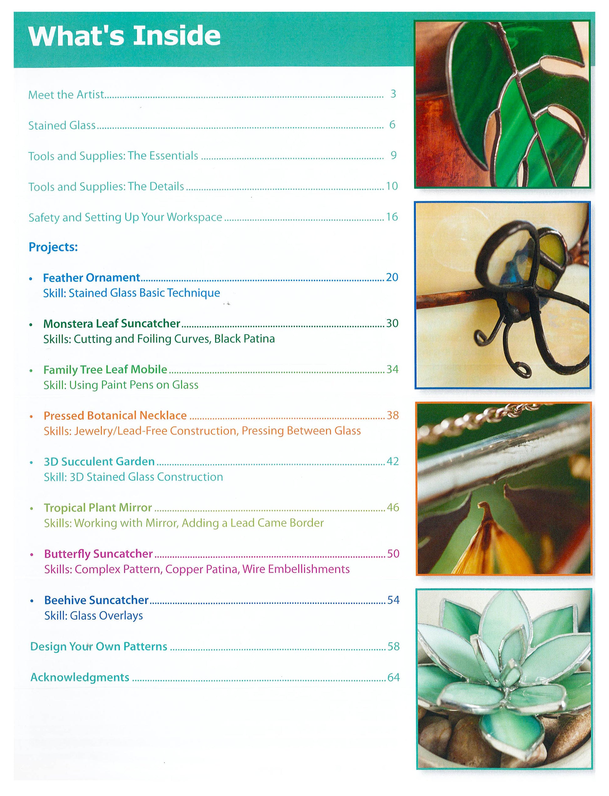 Table of contents page from Leisure Arts' "Stained Glass for Beginners Digital Download" features stained glass and jewelry projects with page numbers, plus photos of finished beginner projects like leaves, a butterfly, and a succulent.