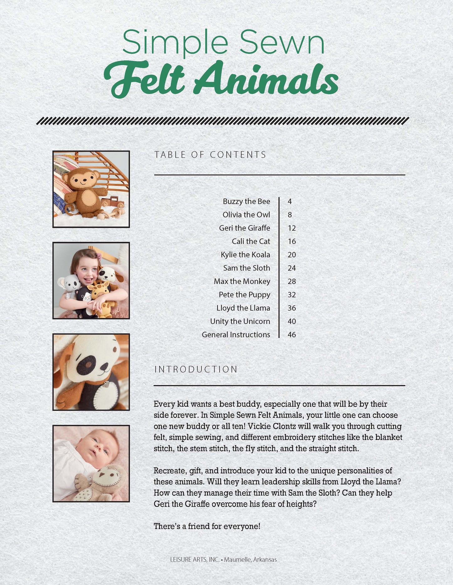 The Simple Sewn Felt Animals kit by Leisure Arts helps kids make plush felt animals. A magazine page shows children with completed animals, plus a table of contents and an intro teaching beginner sewing techniques.