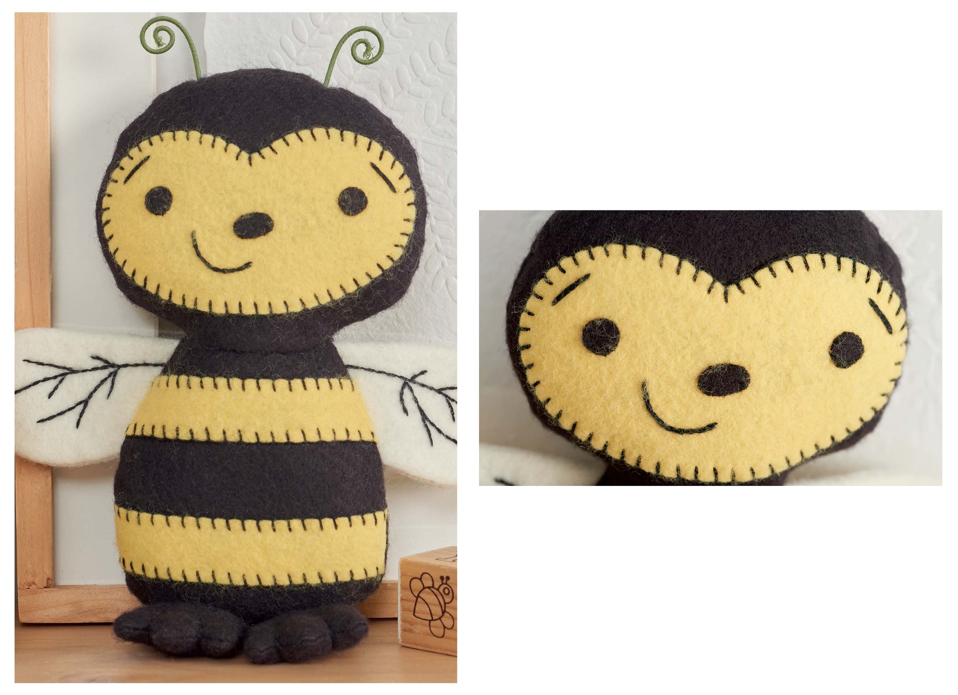 The Simple Sewn Felt Animals kit by Leisure Arts includes a handmade bee plush with yellow and black stripes, stitched details, a smiling face, white wings, and green antennae—ideal for beginner crafters.