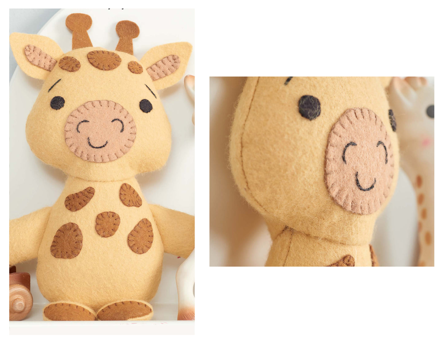 A soft, handmade felt giraffe plush with brown spots and stitched details, smiling with closed eyes. Shown in full and close-up views from Leisure Arts’ Simple Sewn Felt Animals, perfect for beginner kids’ craft kits or inspiration.