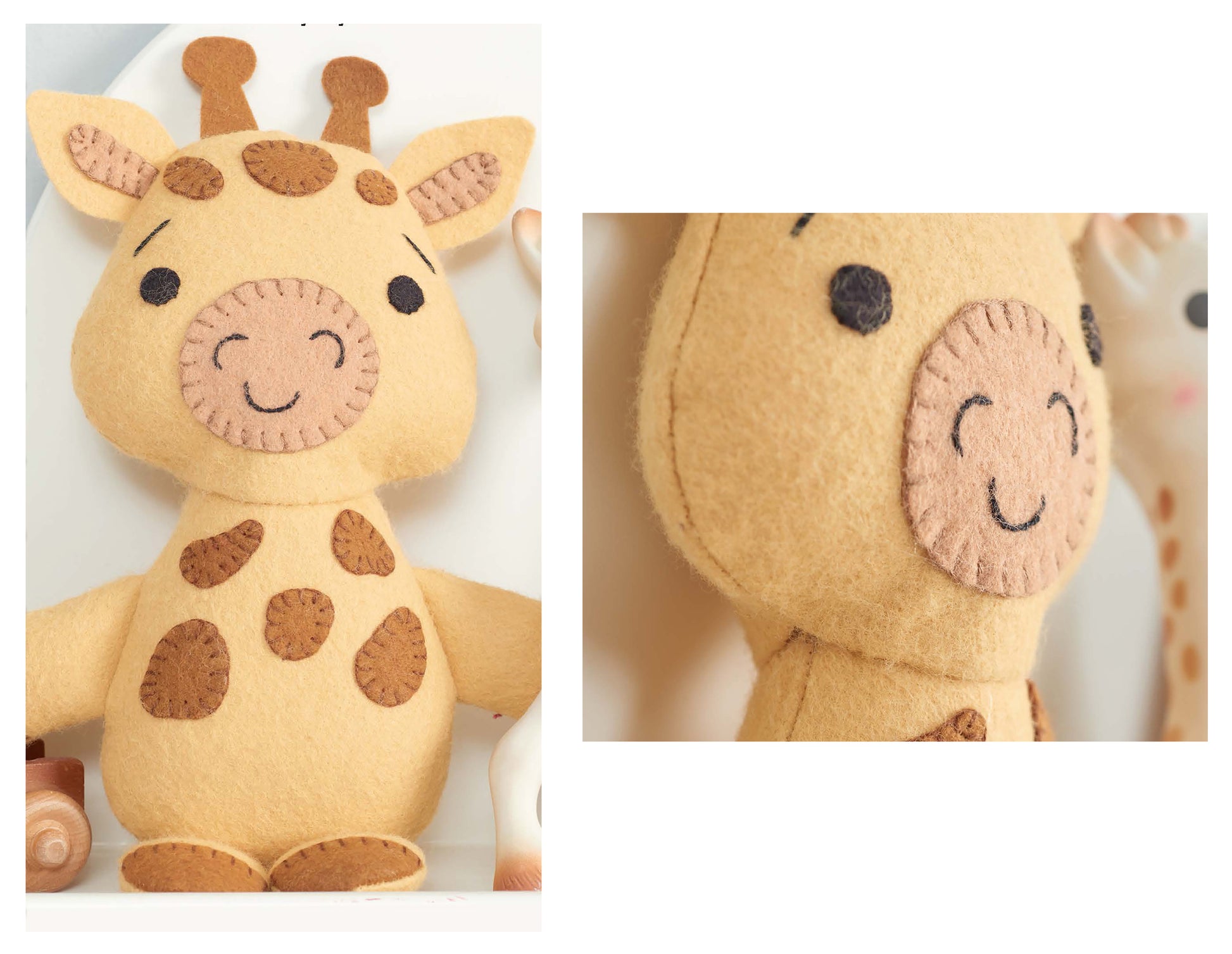A soft, handmade felt giraffe plush with brown spots and stitched details, smiling with closed eyes. Shown in full and close-up views from Leisure Arts’ Simple Sewn Felt Animals, perfect for beginner kids’ craft kits or inspiration.