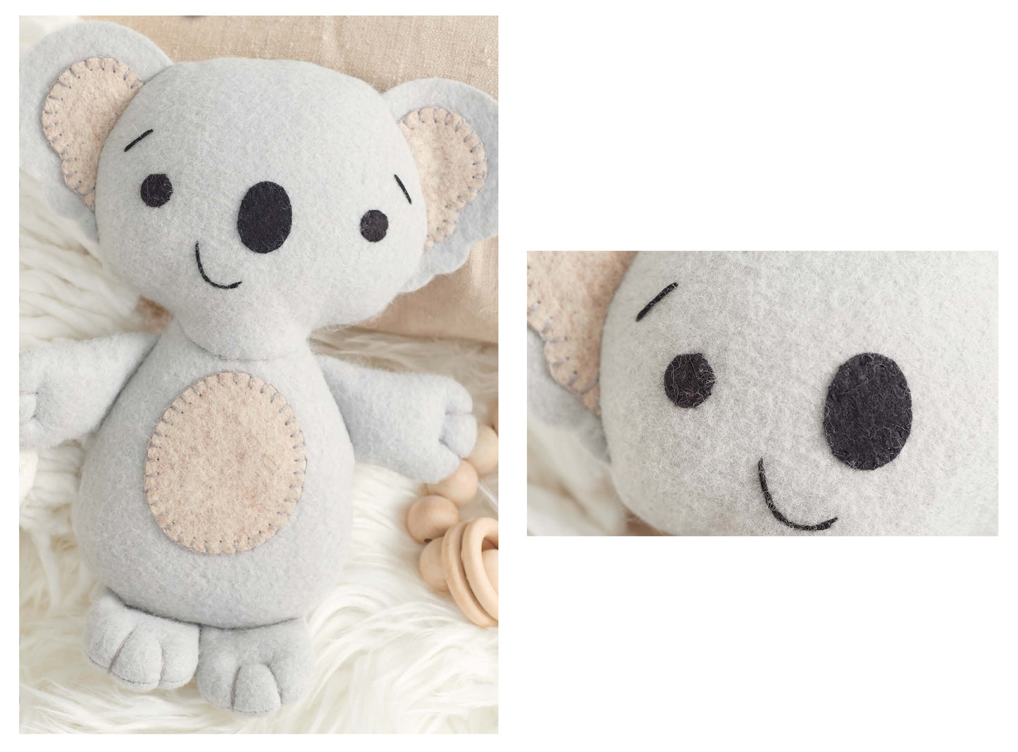 A soft, grey koala plush made with the Leisure Arts Simple Sewn Felt Animals kit rests on a white surface. The close-up shows its smiling face with black stitched eyes and nose.