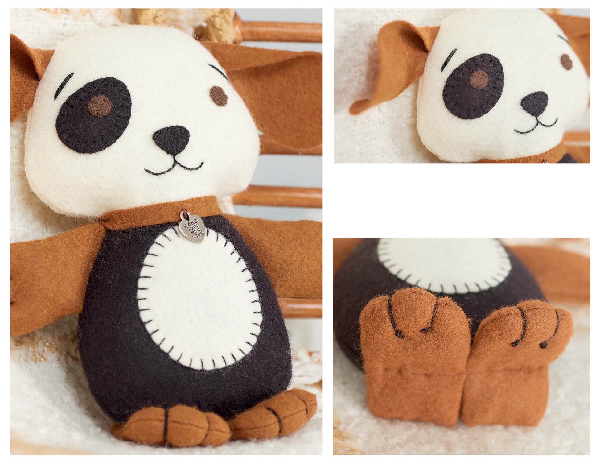 The Simple Sewn Felt Animals kit by Leisure Arts features a beginner-friendly plush dog toy made of felt, with brown ears, arms, and feet, a black eye patch, and a stitched belly. Close-ups highlight its ear, tag, and detailed feet.