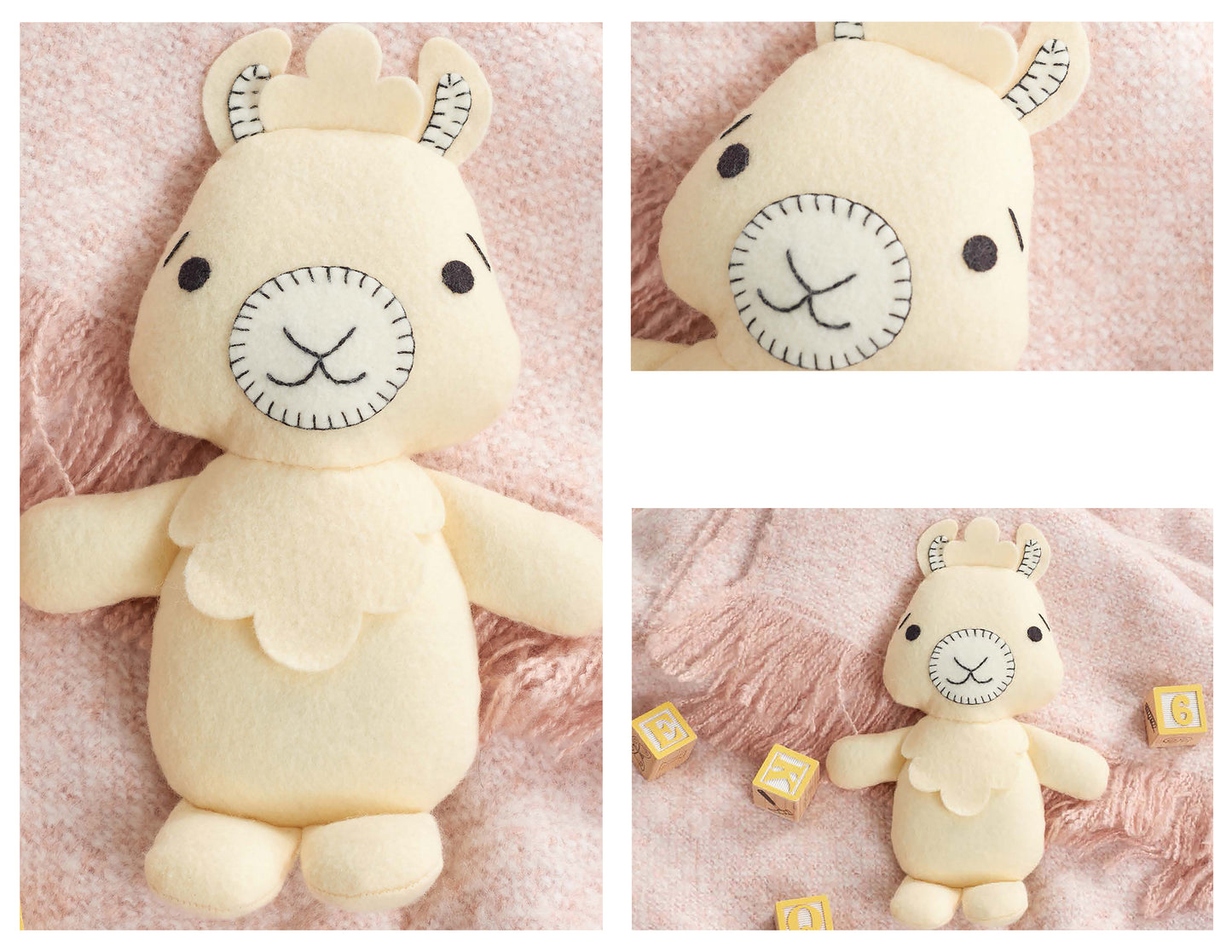 A cream-colored plush llama made from the Leisure Arts Simple Sewn Felt Animals kit rests on a pink textured blanket in three views. Wooden alphabet blocks spelling "E N G" are placed near the toy in the bottom-right image.