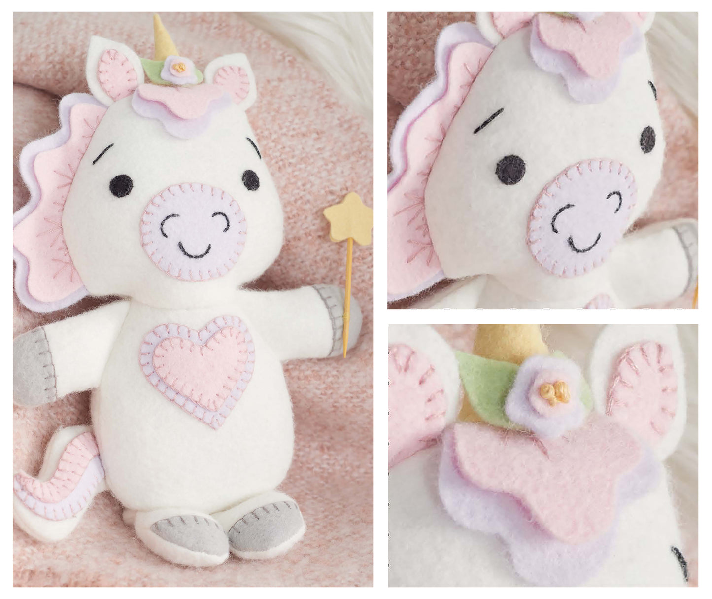 A handmade felt unicorn plush—crafted with the Leisure Arts Simple Sewn Felt Animals kit—features a pastel pink mane and tail, yellow horn, gray hooves, pink heart chest detail, and is shown from the front plus two close-up views.