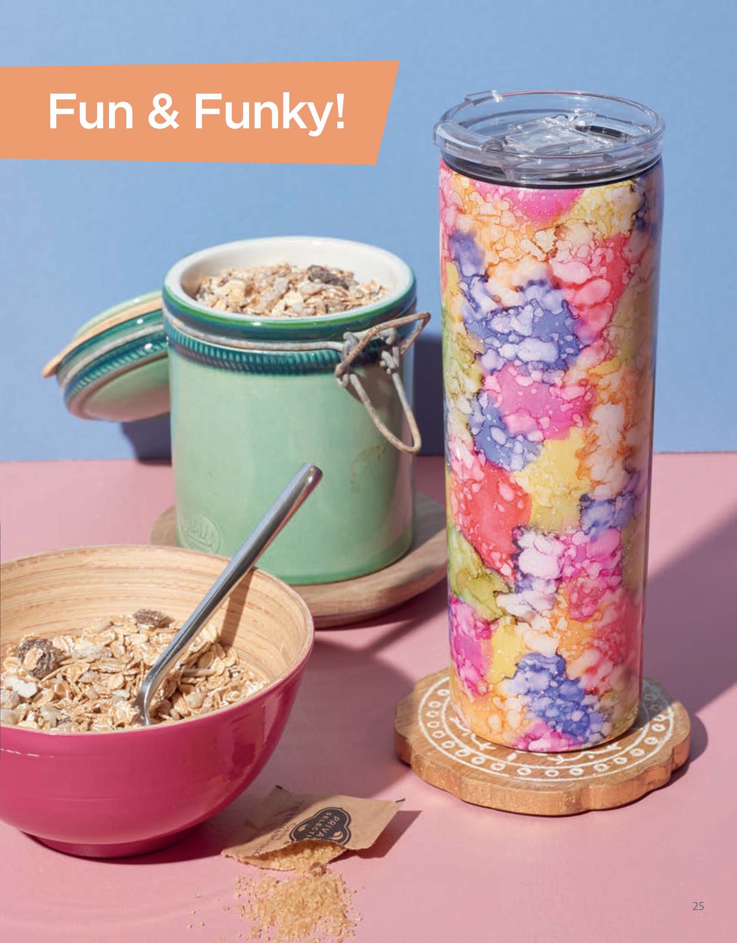 A Leisure Arts Resin Tumbler Designs Digital Download is featured on a wooden coaster, beside a pink granola bowl and green jar, all atop a pastel pink and blue backdrop. “Fun & Funky!” pops in the top left corner.