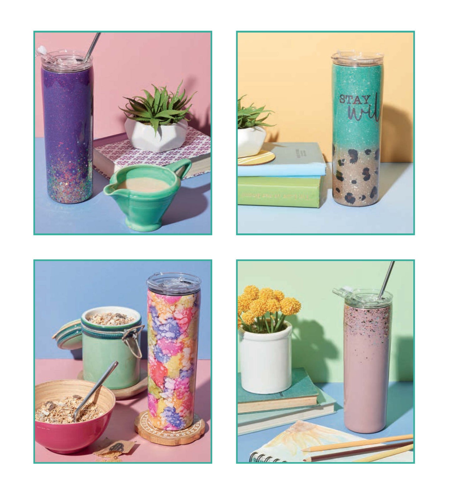Leisure Arts’ Resin Tumbler Designs Digital Download features four creative tumblers—purple with glitter, green with “STAY WILD,” tie-dye multicolored, and pink speckles—perfect for showing off alongside books, plants, or breakfast.