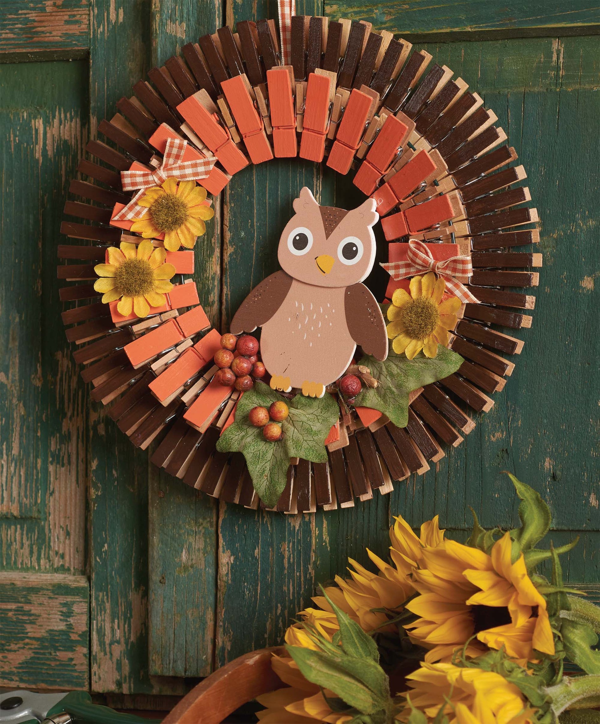 Leisure Arts Clothespin Wreaths kit includes orange and brown painted clothespins, artificial sunflowers, green leaves, berries, plaid ribbons, and a cartoon owl—perfect for seasonal decor on a rustic green wooden door.