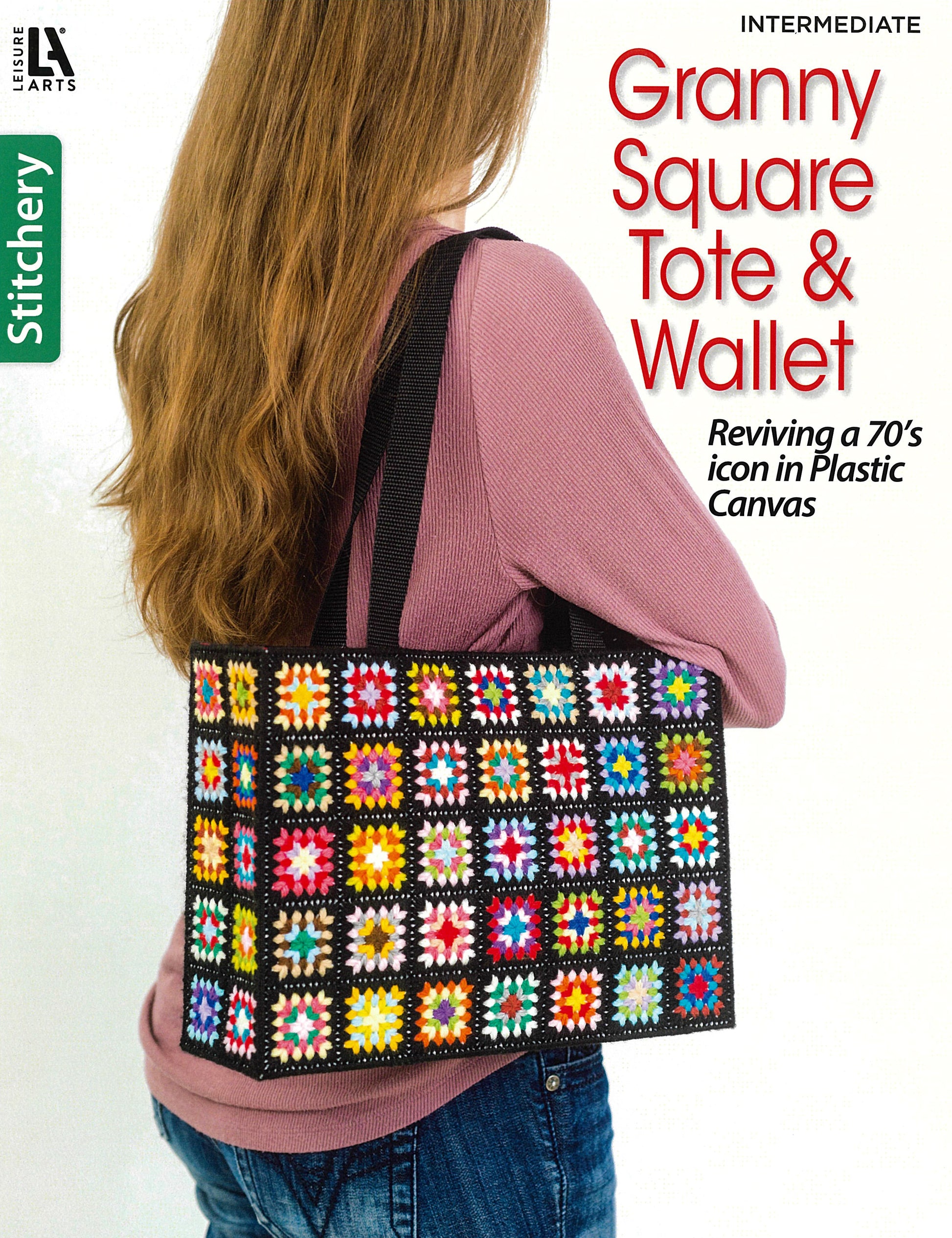 A woman in a mauve sweater and jeans holds a colorful retro crochet bag made from granny squares. Large red text reads: Granny Square Tote & Wallet Digital Download by Leisure Arts.