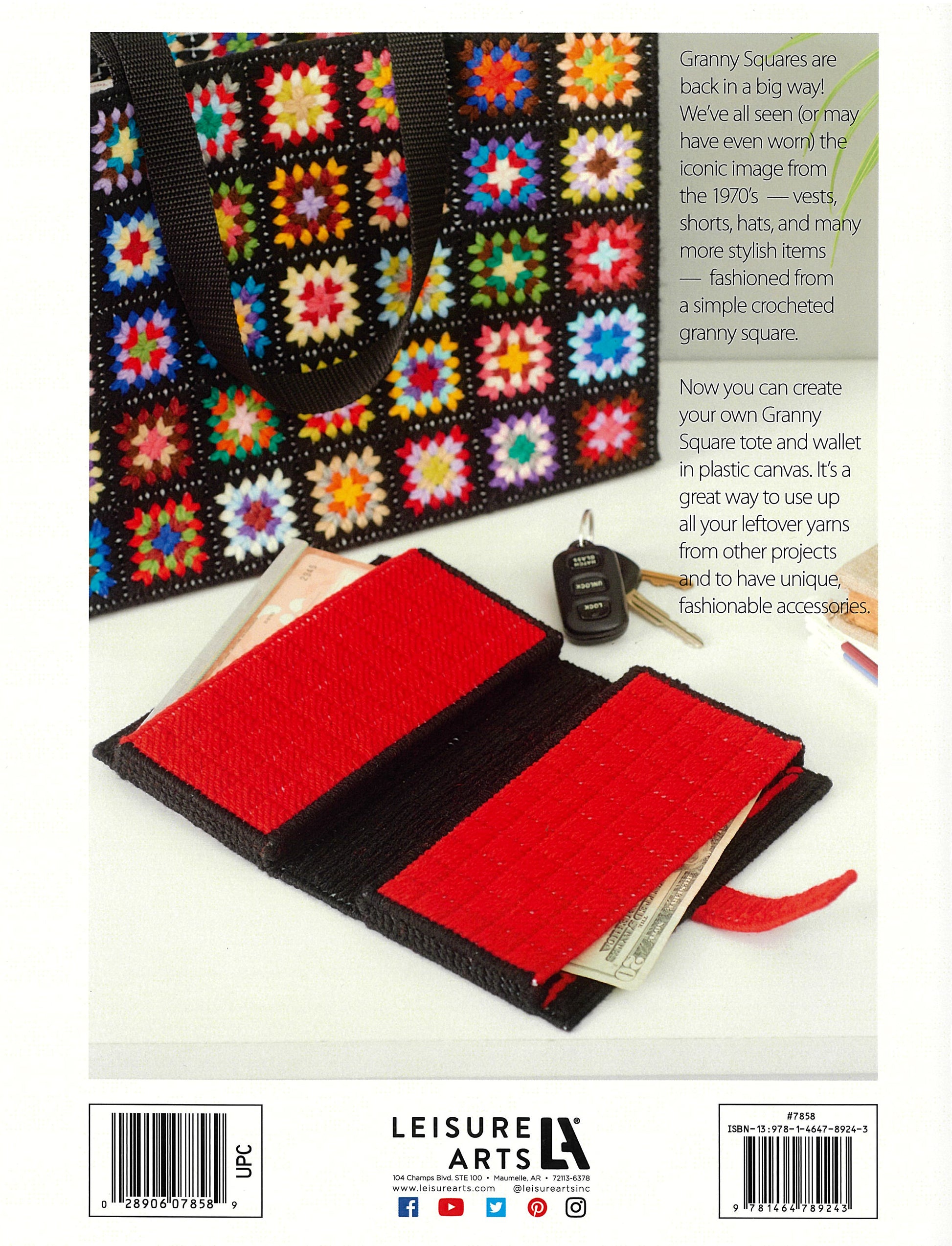 The Leisure Arts Granny Square Tote & Wallet Digital Download features a retro crochet tote standing upright, paired with a matching black and red wallet, keys, and coin on a white surface, showcasing the charm of granny square crafts.