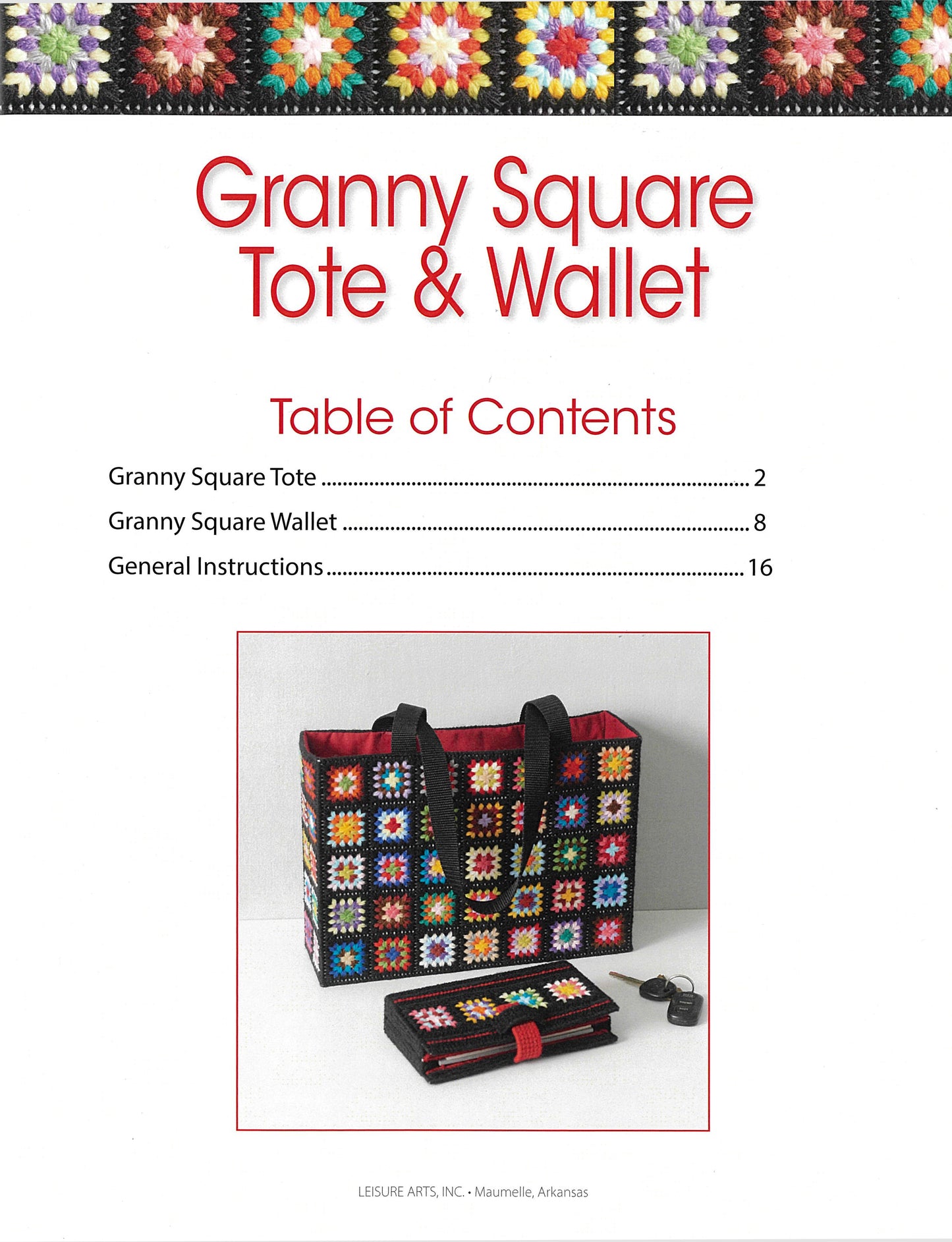 Cover page for Leisure Arts' Granny Square Tote & Wallet Digital Download, showcasing a retro crochet tote and wallet with colorful granny squares on a white background. Table of contents appears above the image.