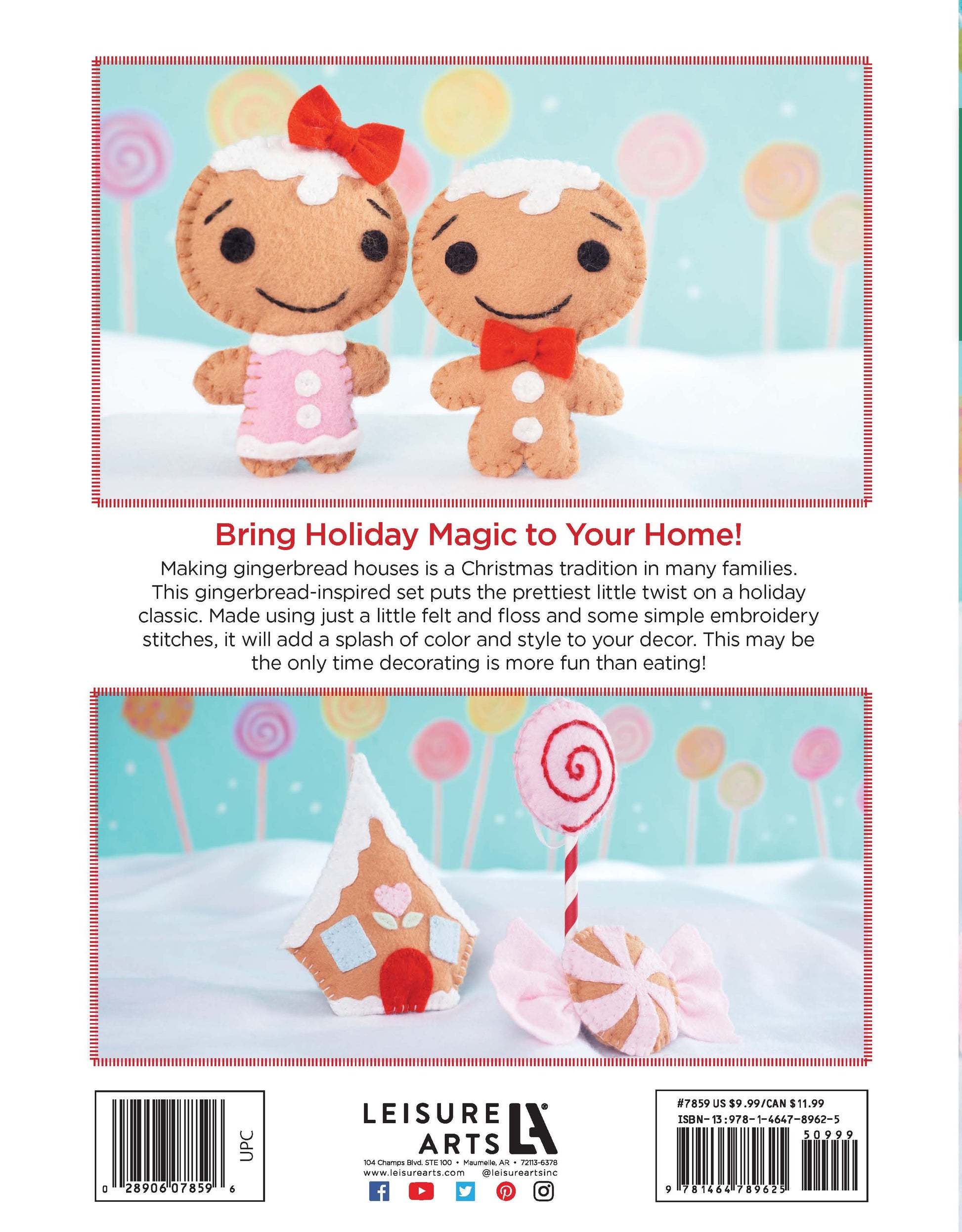 The Leisure Arts Gingerbread House features felt gingerbread dolls—one in a pink dress, one with a bow tie—amid pastel candy decor, sparking inspiration for colorful, whimsical wool felt projects or handmade holiday ornaments.