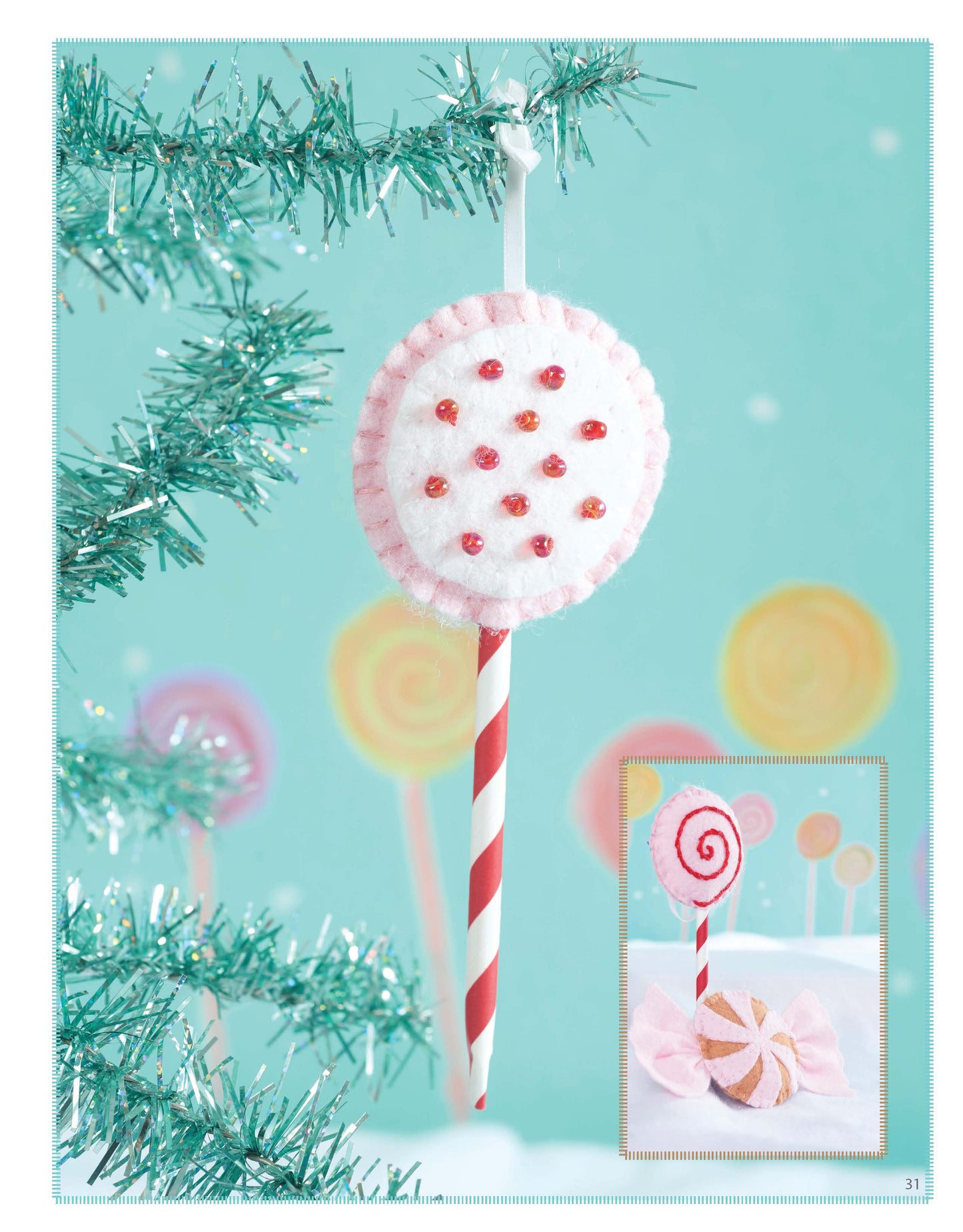 A charming Gingerbread House ornament from Leisure Arts hangs on a tinsel Christmas tree. Inset: two pastel felt candy decorations—ideal inspiration for beginner embroidery or wool felt projects.