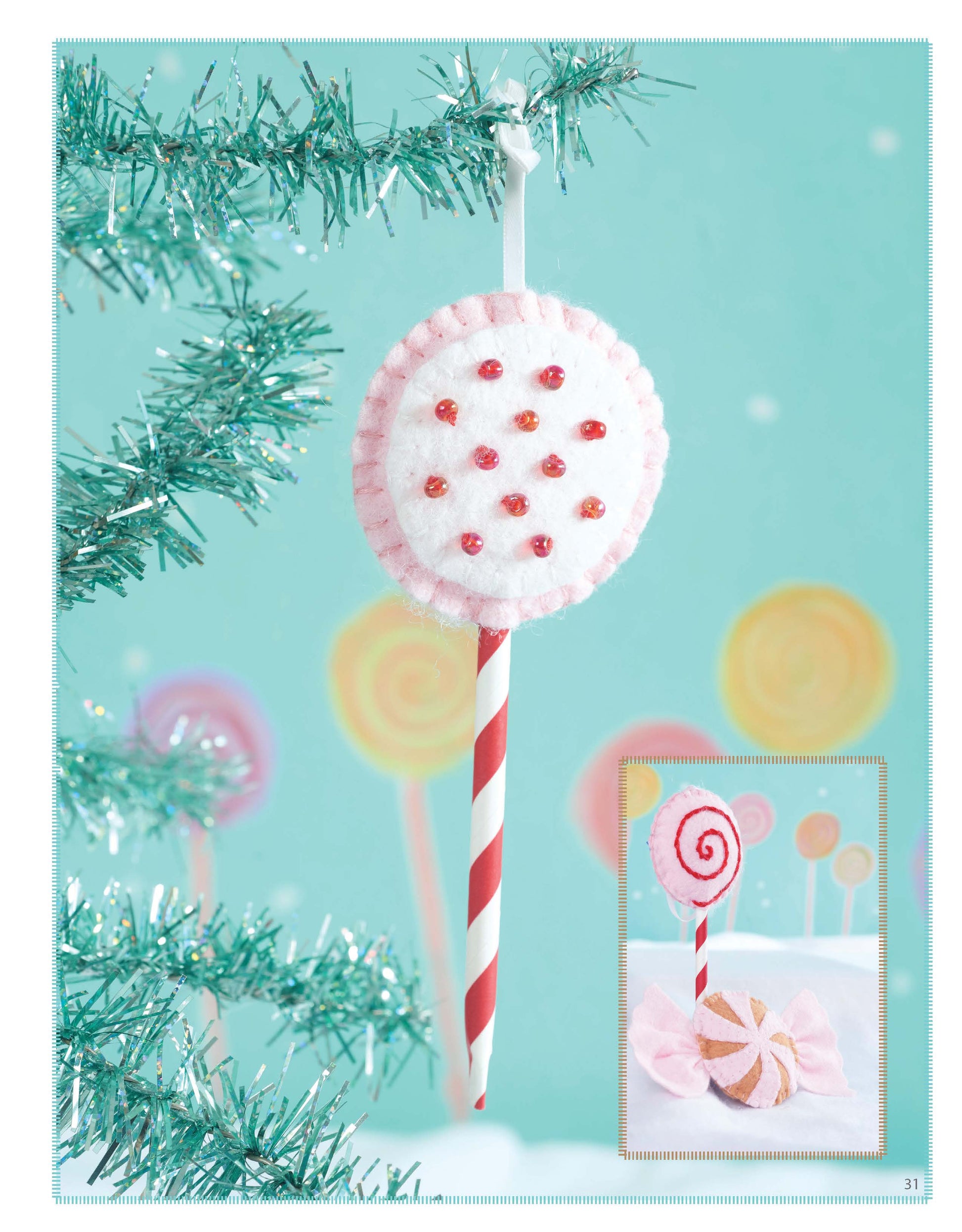 A charming Gingerbread House ornament from Leisure Arts hangs on a tinsel Christmas tree. Inset: two pastel felt candy decorations—ideal inspiration for beginner embroidery or wool felt projects.