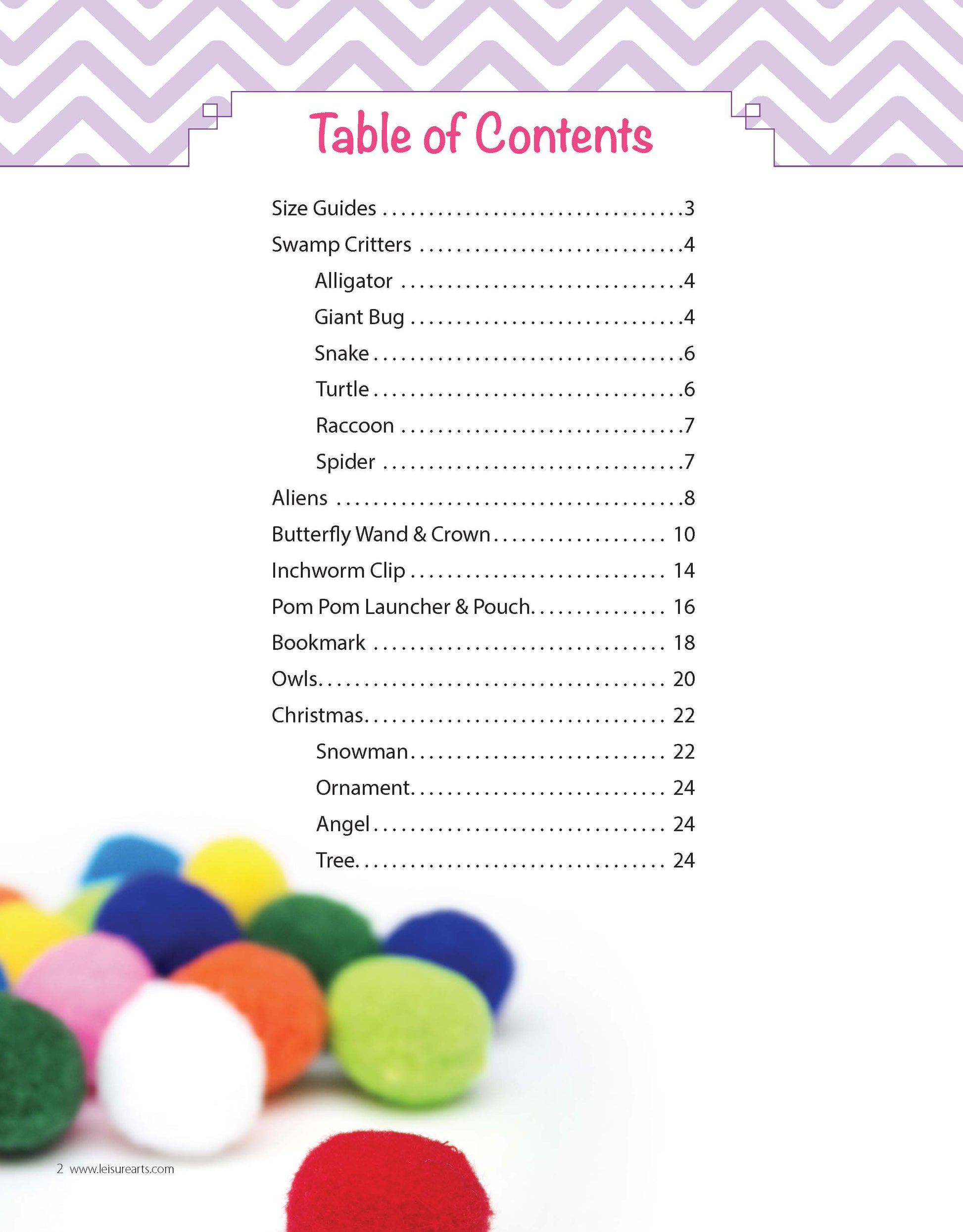 Here is your rewritten sentence using the provided product data: The table of contents page from Pom-Pom Whimsy by Leisure Arts features colorful pom-poms and chenille stems in the bottom left corner. The background displays a purple zigzag pattern and lists beginner crafts, step-by-step projects, and their corresponding page numbers.