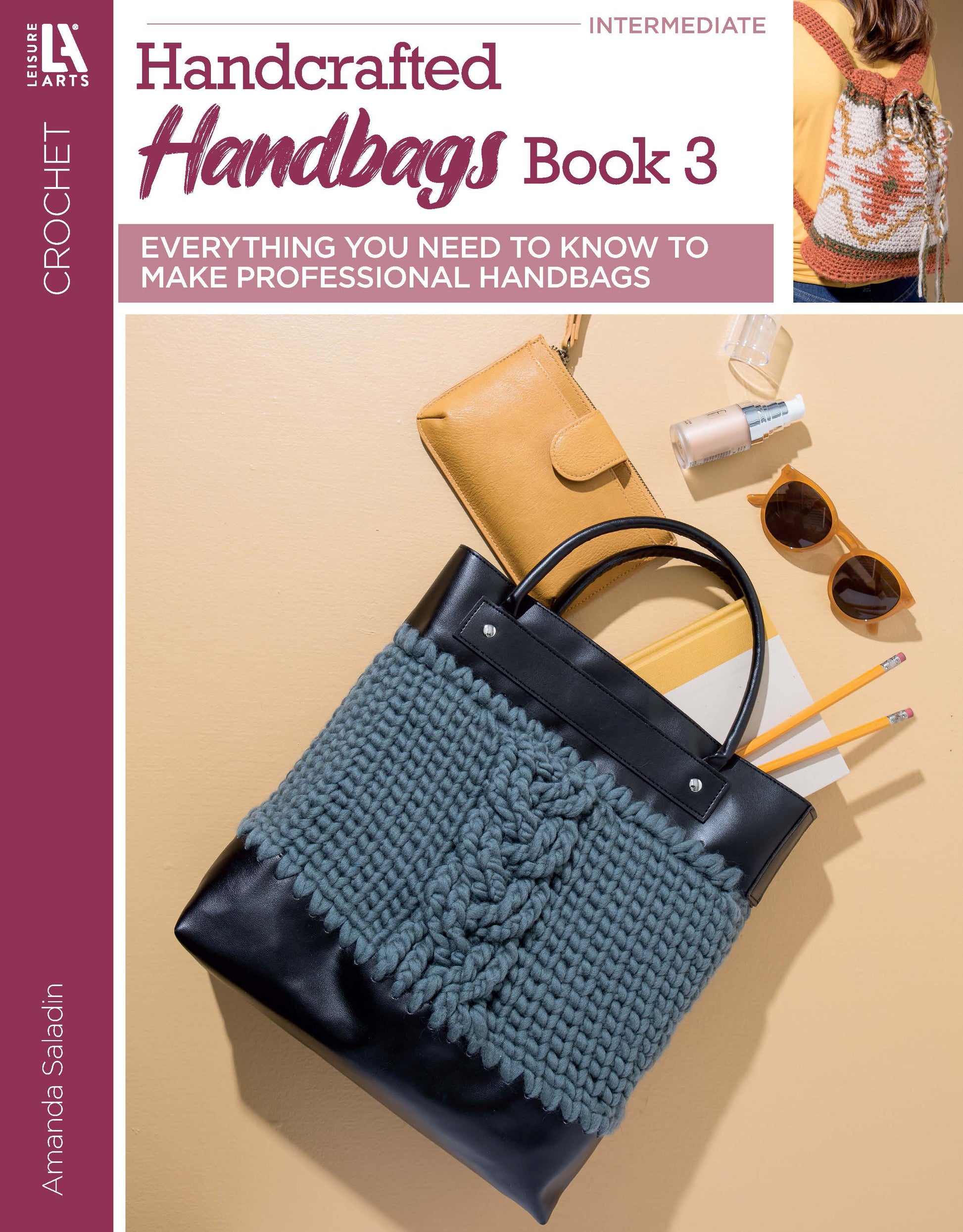 Book cover shows a crocheted black and gray handbag with accessories. Crochet Handcrafted Handbags Book 3 by Leisure Arts features intermediate purse-making patterns.