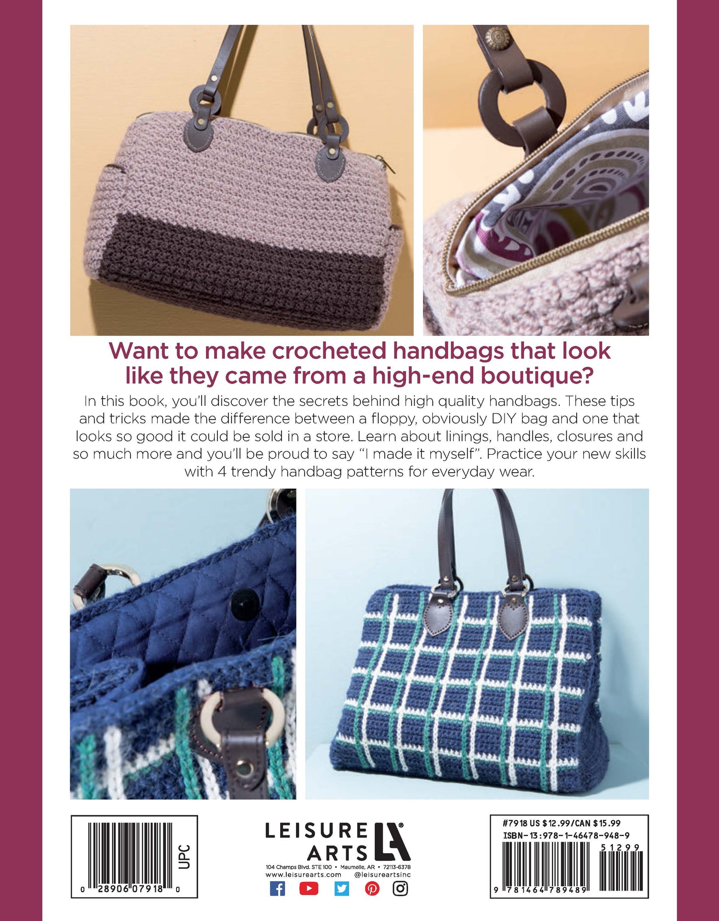 Back cover of Leisure Arts' Crochet Handcrafted Handbags Book 4 shows three photos of chic purple and blue bags with unique textures and handles, promoting easy, high-end crochet bag patterns for every purse maker.