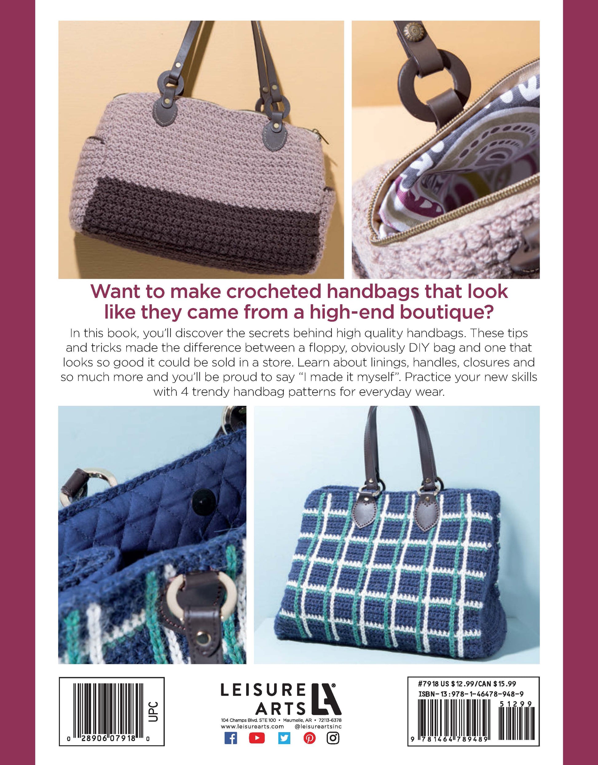 Back cover of Leisure Arts' Crochet Handcrafted Handbags Book 4 shows three photos of chic purple and blue bags with unique textures and handles, promoting easy, high-end crochet bag patterns for every purse maker.