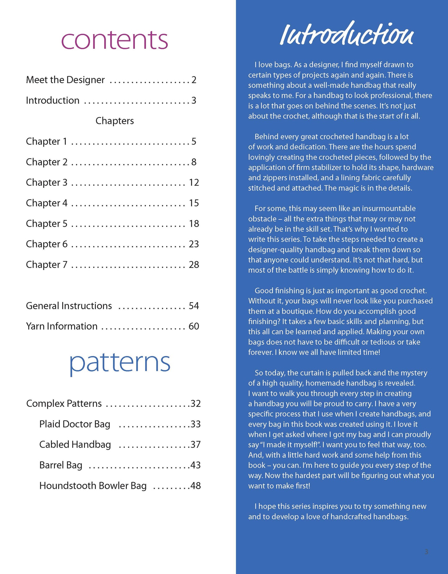 A two-page spread from Crochet Handcrafted Handbags Book 4 by Leisure Arts: the left shows the table of contents and patterns, while the right introduces the author’s passion for crochet handbags on a blue background, inspiring new bag projects.