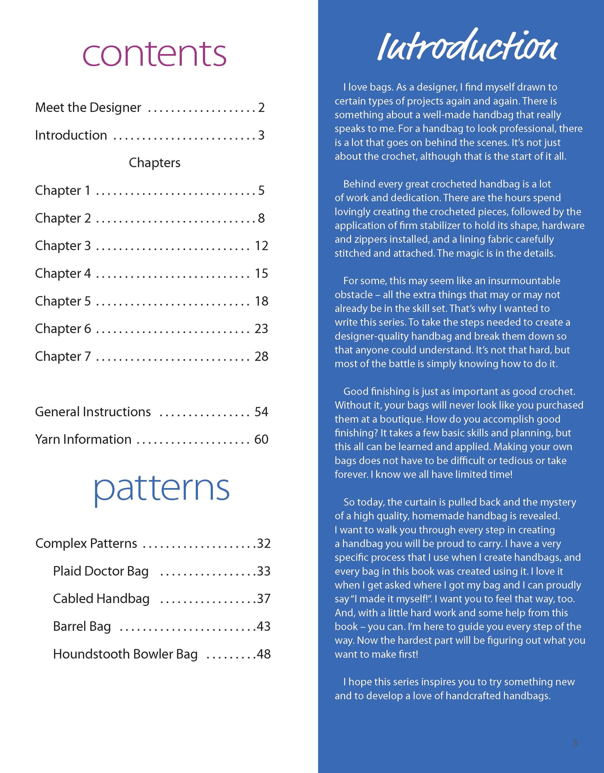 A two-page spread from Crochet Handcrafted Handbags Book 4 by Leisure Arts: the left shows the table of contents and patterns, while the right introduces the author’s passion for crochet handbags on a blue background, inspiring new bag projects.