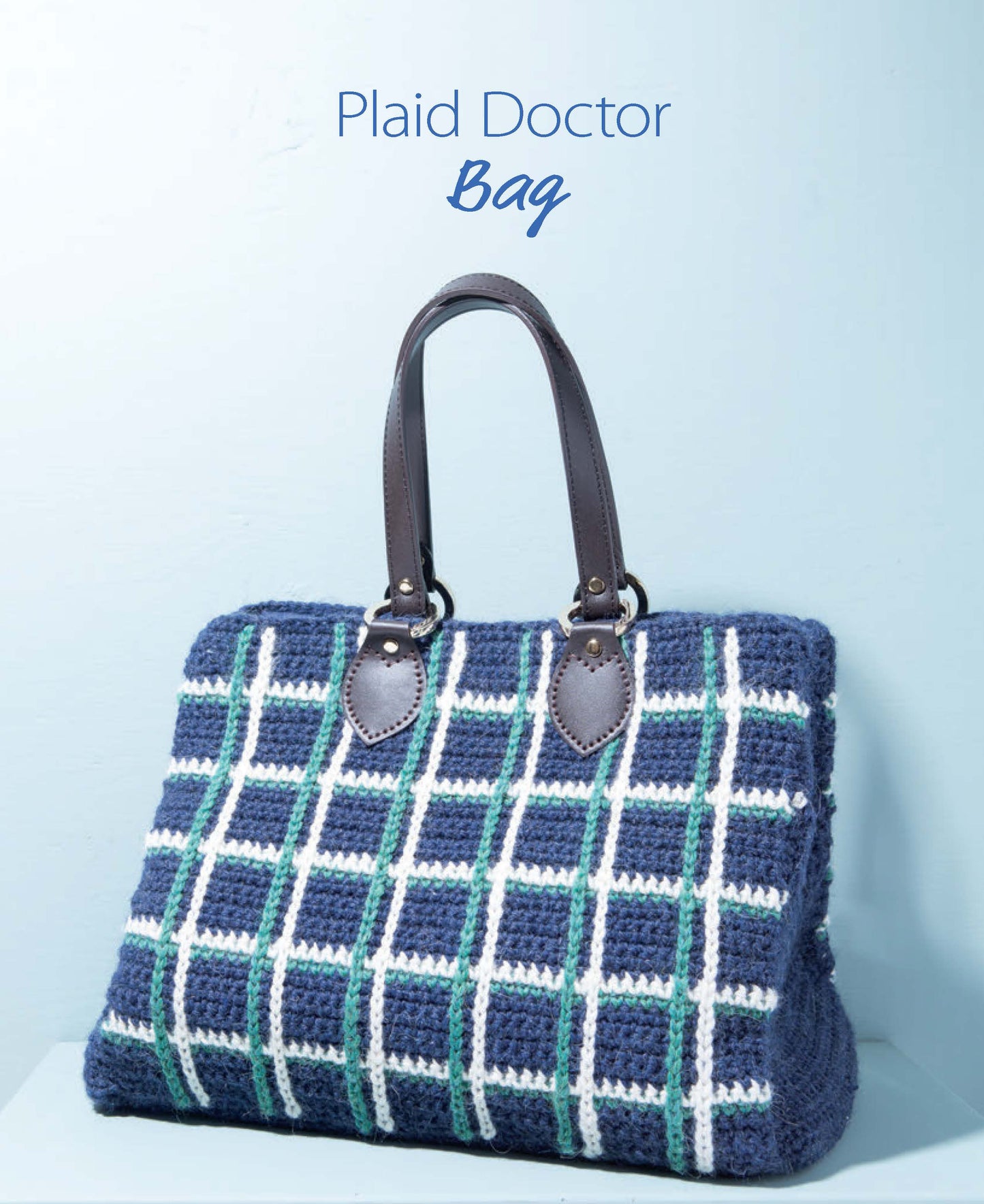 Find inspiration for your crochet bag patterns with Leisure Arts' Crochet Handcrafted Handbags Book 4, featuring designs like a blue, white, and green plaid bag with dark brown leather handles—perfect for your next project!.