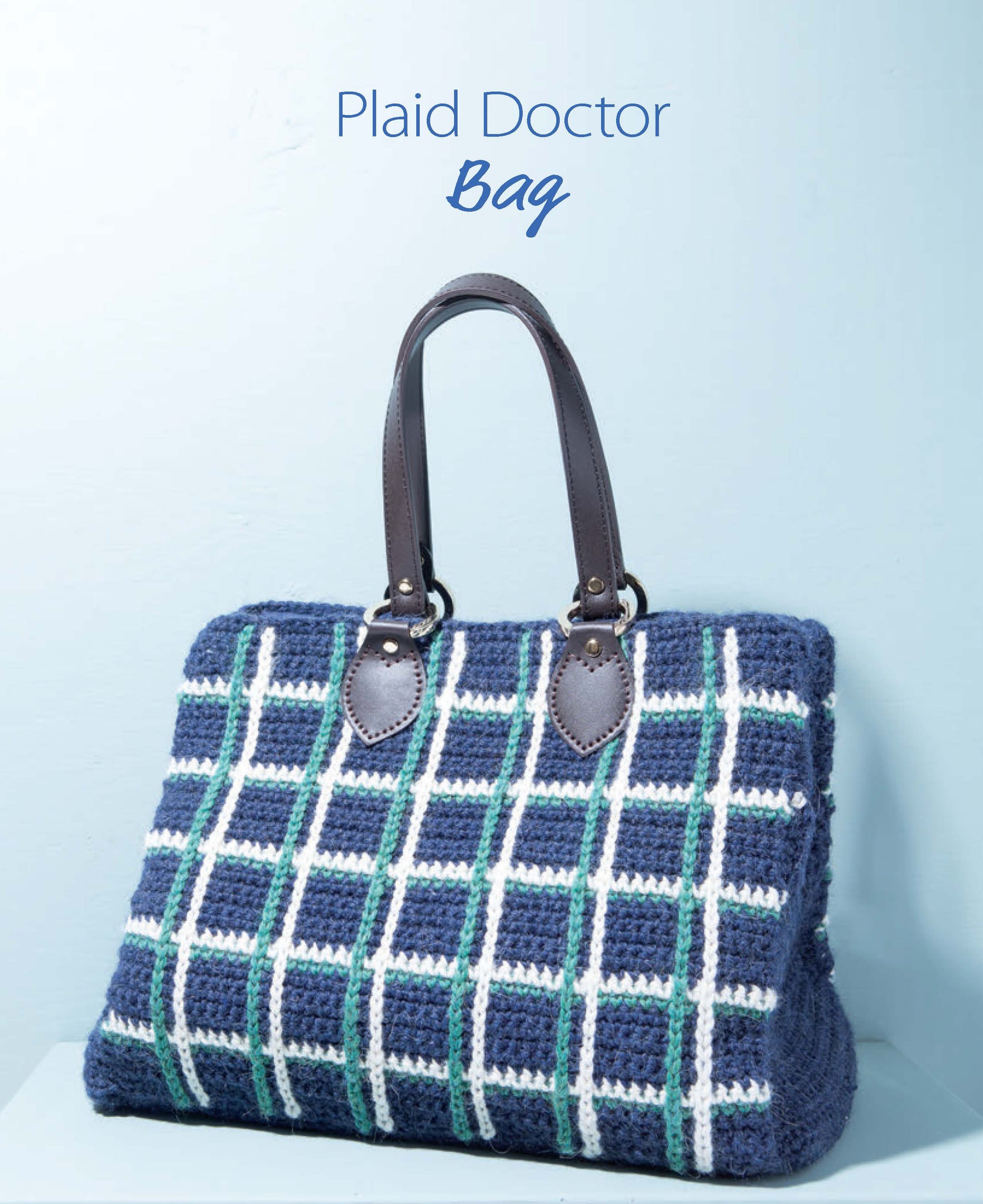 Find inspiration for your crochet bag patterns with Leisure Arts' Crochet Handcrafted Handbags Book 4, featuring designs like a blue, white, and green plaid bag with dark brown leather handles—perfect for your next project!.