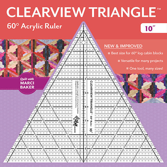 The C&T Publishing Clearview Triangle 60 Degree Acrylic Ruler package displays the large quilting tool on a lavender background with quilt patterns, usage tips, and product info featuring Quilt with Marci Baker.