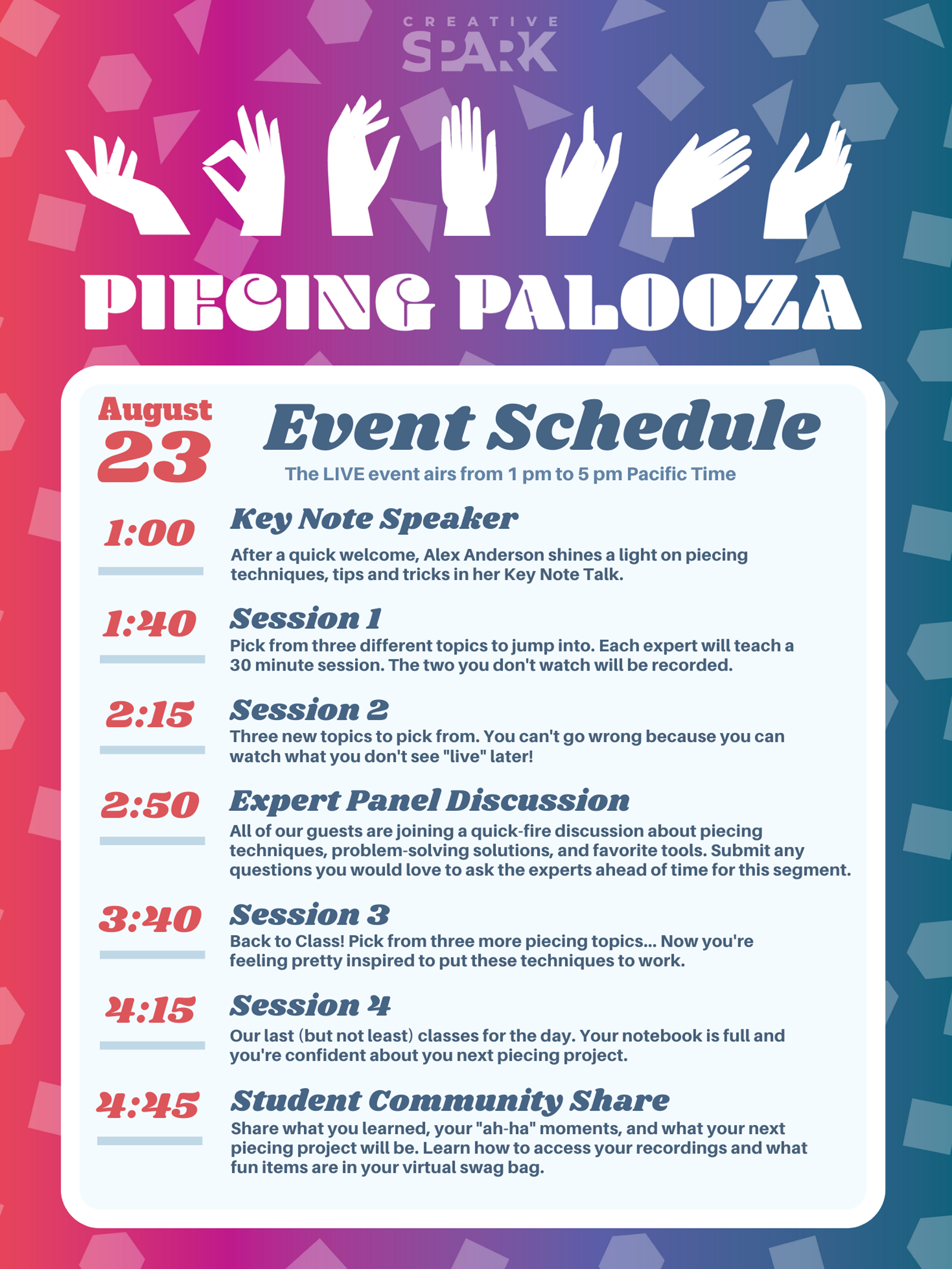 Piecing Palooza Schedule